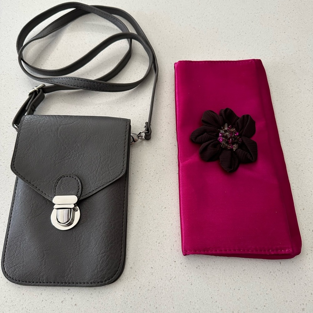 BUNDLE OF 2 👜 PURSES. GRAY CROSSBODY & PINK CLUTCH GREAT CONDITION NO BRAND